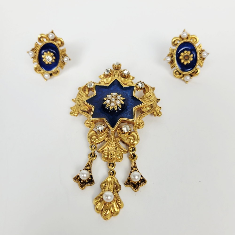 Florenza Brooch Clip On Earring Star Blue Enamel Faux Pearl Rhinestone Victorian